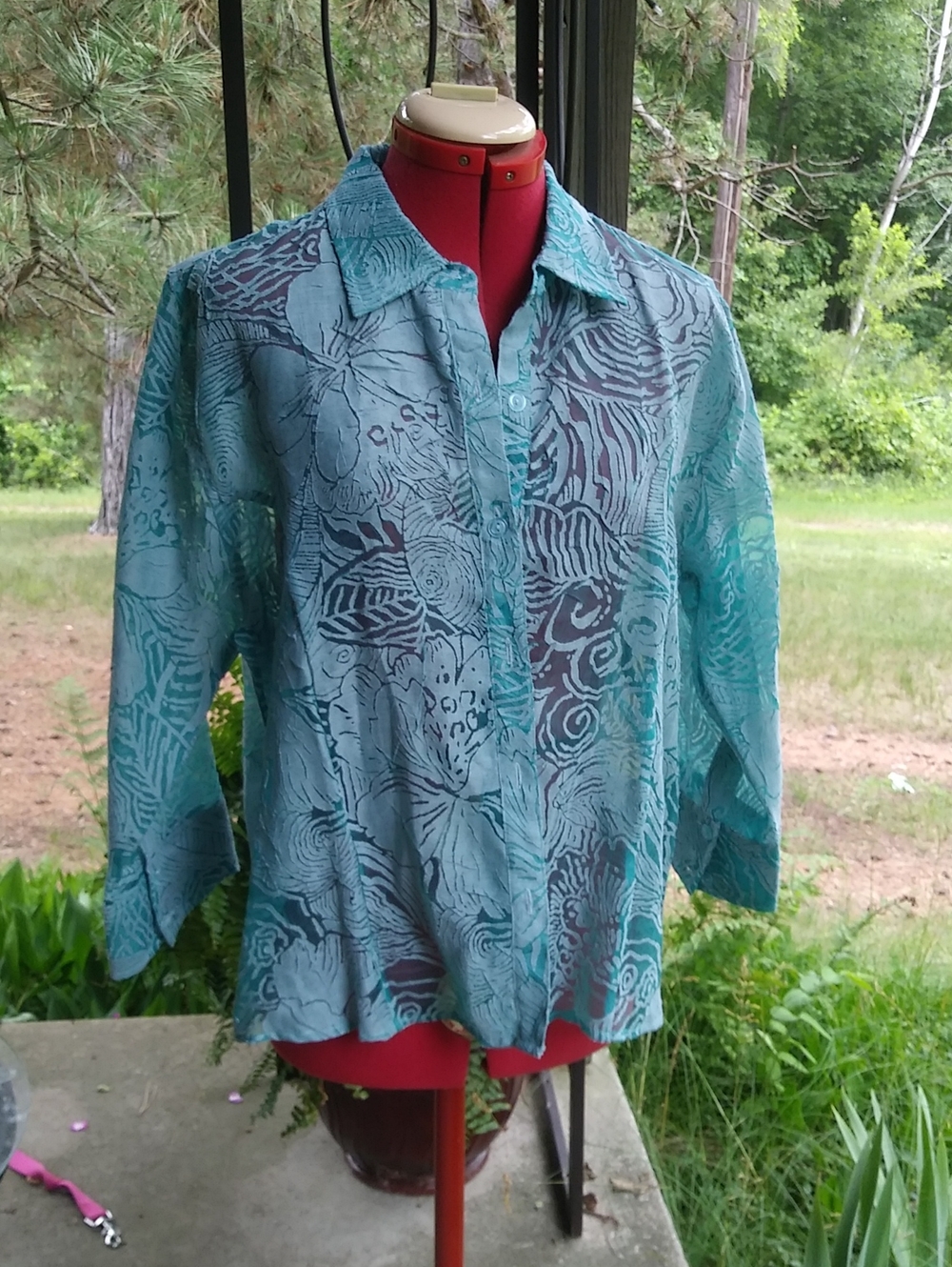 Christopher & Banks Turquoise / Aqua Blue Burnout Button-Down Shirt